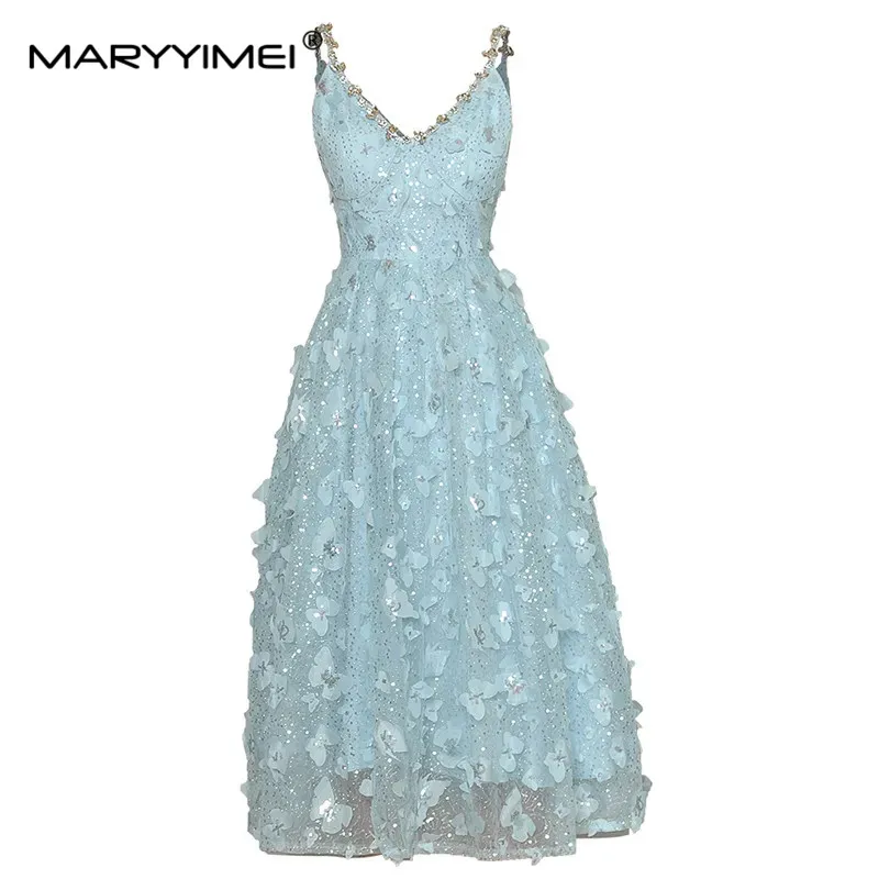 

MARYYIMEI Fashion Runway dress Summer Women's Dress Gorgeous Diamonds Spaghetti Strap Appliques Mesh Elegant Party Dresses