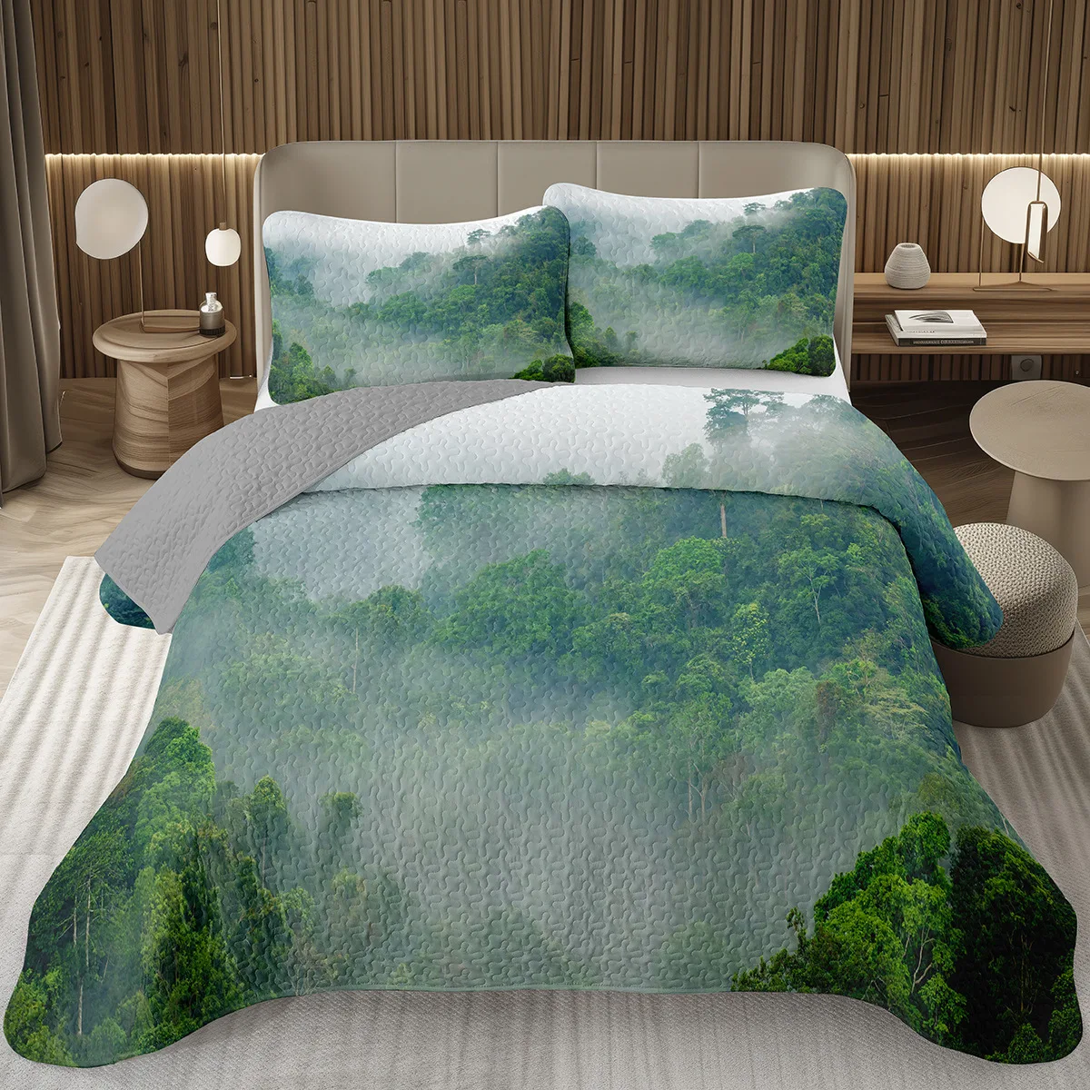 

Лесное покрывало King/Full Magical Woodland Jungle Coverlet Set Dreamy Misty Scene Стеганое постельное белье Двустороннее серое покрывало