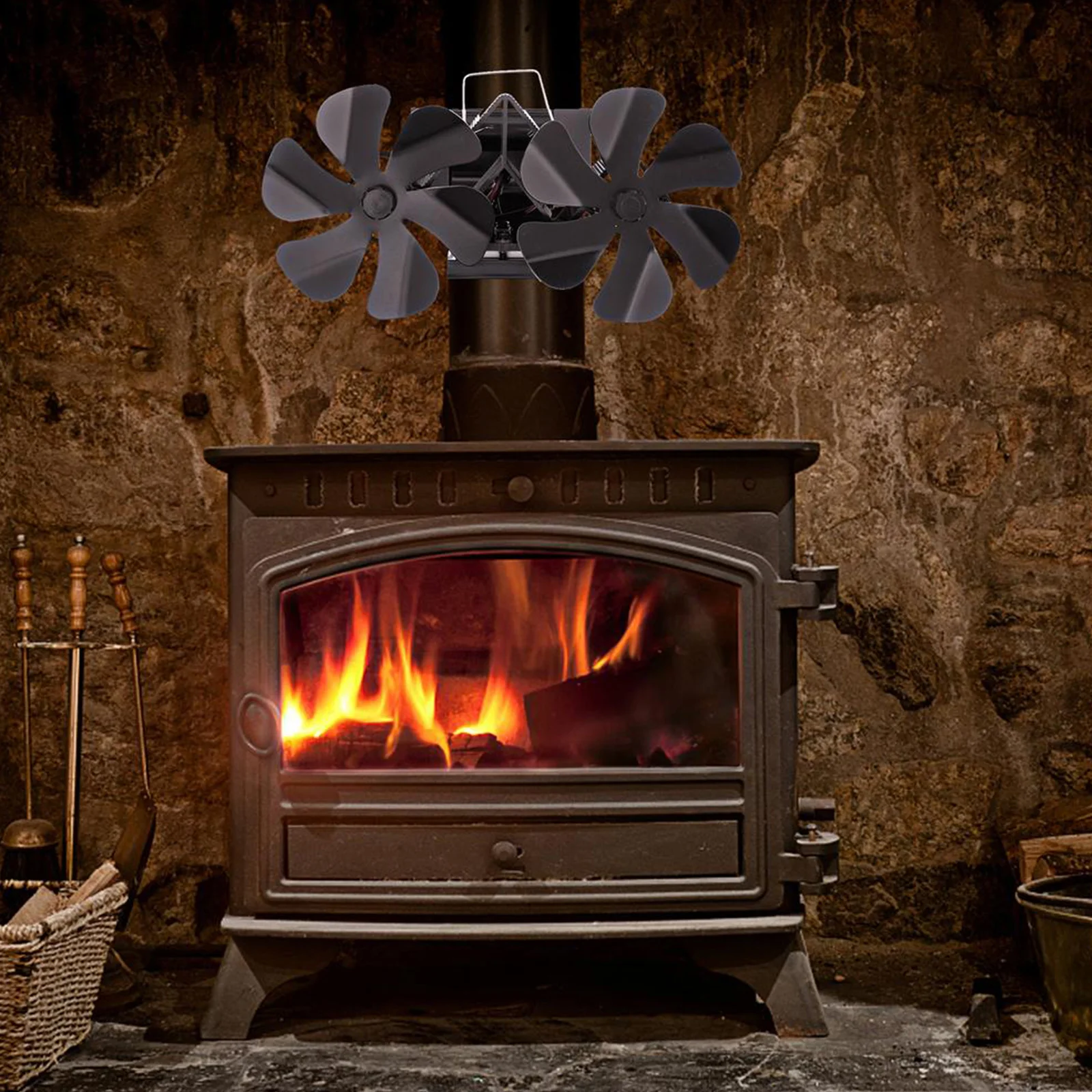 Boost Heat Distribution with Double Head 12 Blade Fireplace Fan, Wall Mounted Design, Silent Operation, Eco Friendly