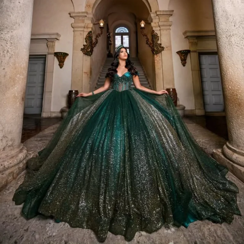 

Customized Shiny blackish greenQuinceanera Dresses Off the Shoulder Seqinan applique crystal Long tail Vestido De 15 Quinceanera