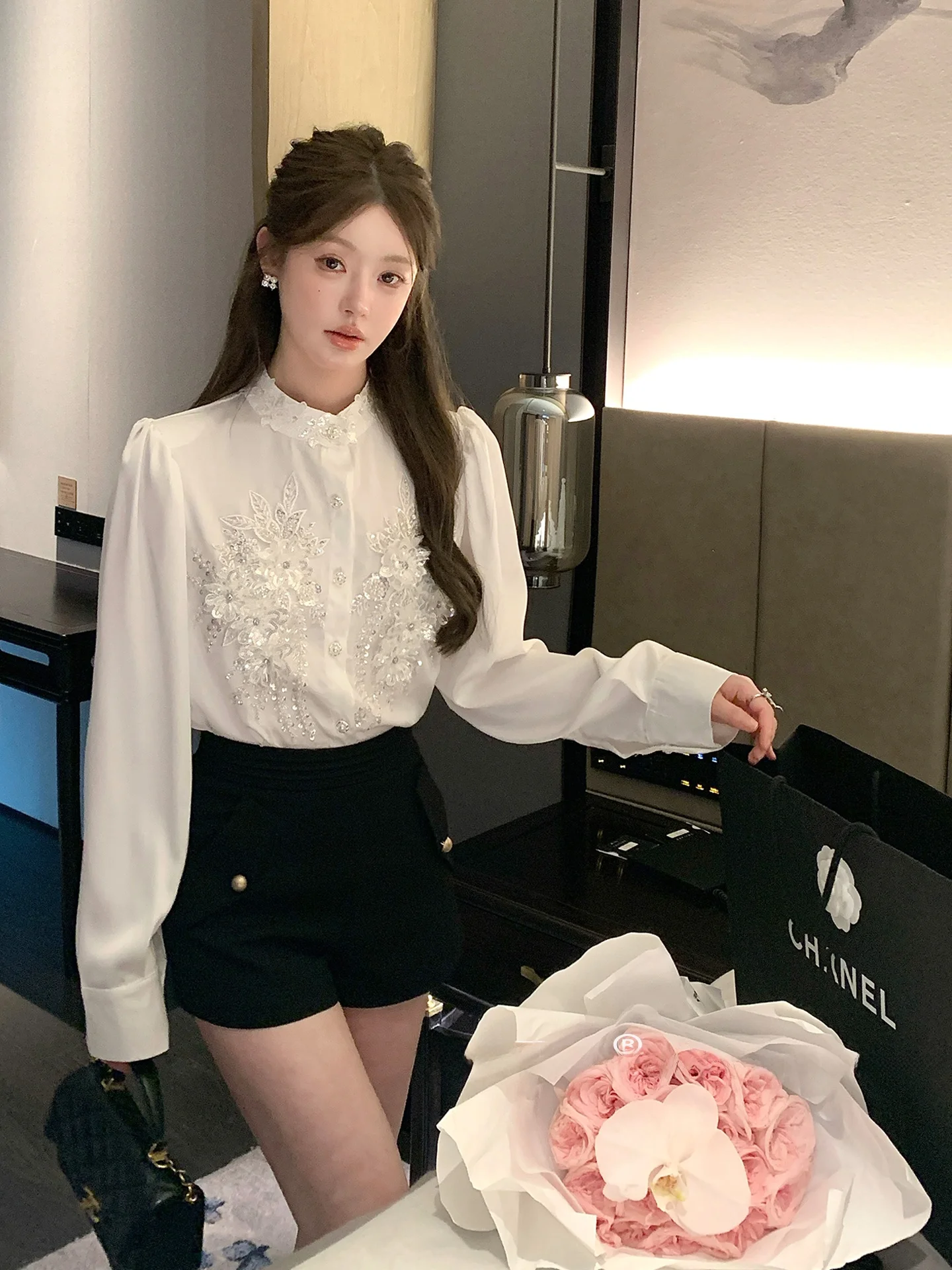 

FanyFloss, тяжелая повседневная блузка с цветочной вышивкой OL irt, женская дизайнерская универсальная блузка с ромбовидной вышивкой, французская пуговица...