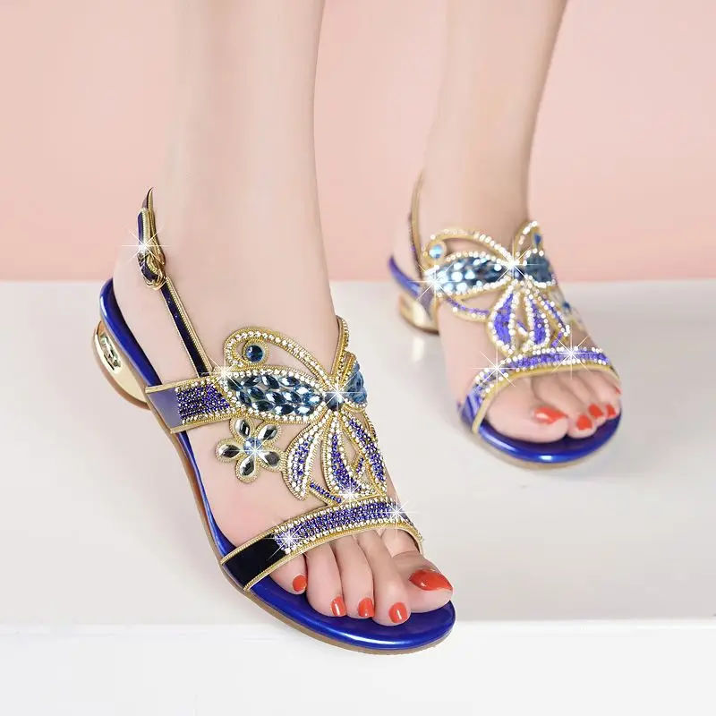 

Leather Rhinestone Sandals Women 2024 New Summer Flat-heeled Flat-bottomed Non-slip Bohemian Beach Shoes Female