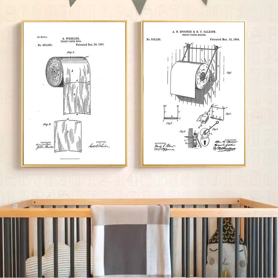Vintage Toilet Paper Patent Canvas Print Unframed Wall Art Bathroom Decor Black White Line Drawing Funny Home