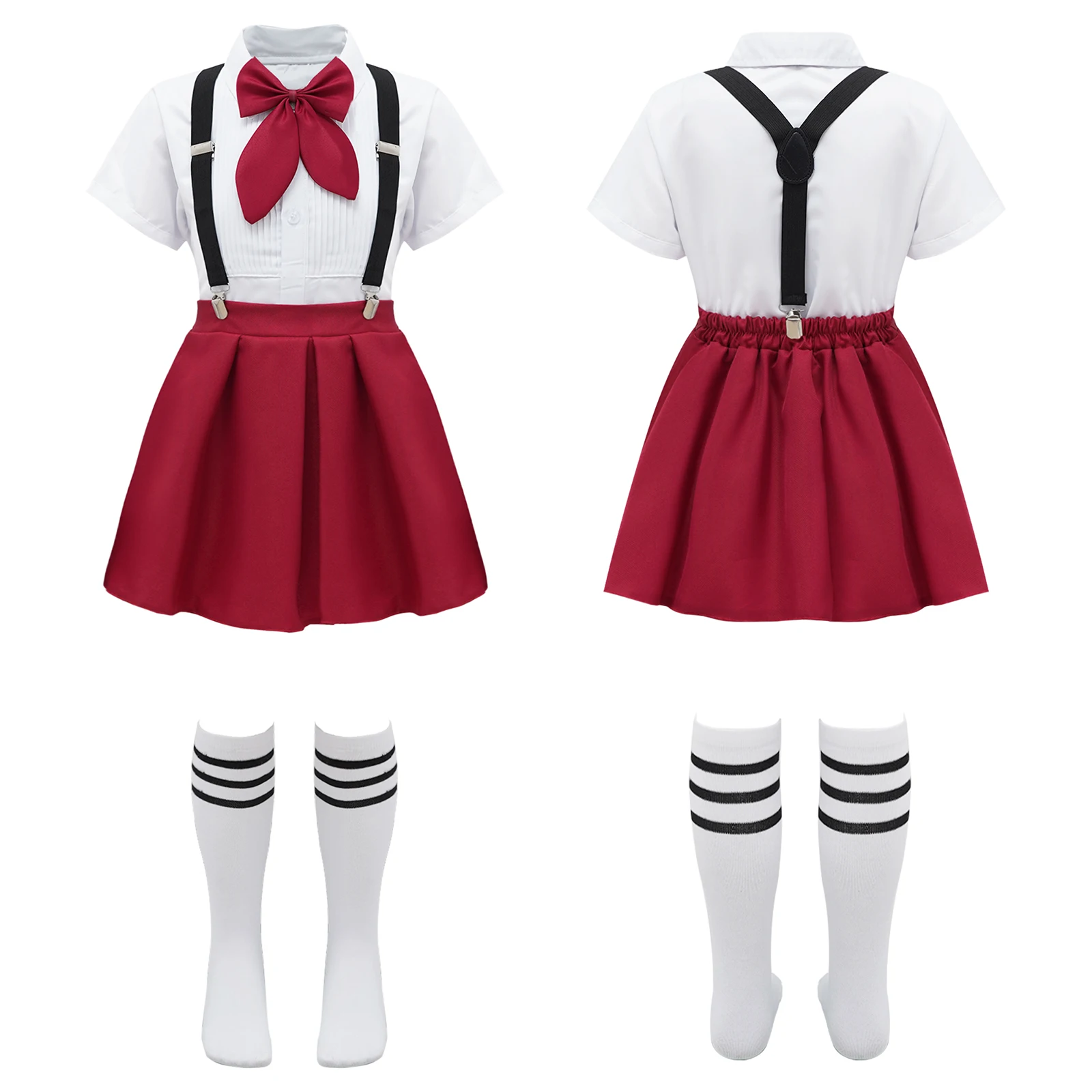 Kids Girls Student School Uniform Shirt Top with Suspenders Skirt Socks Children Choir Stage Performance Suit Schoolgirl Costume