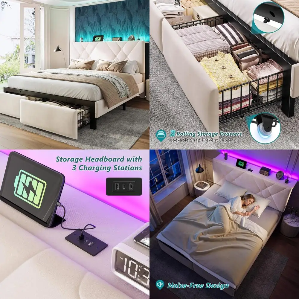 

Queen Size Platform Bed with Storage Headboard, Button Tufted Velvet Upholstery, LED Lighting
