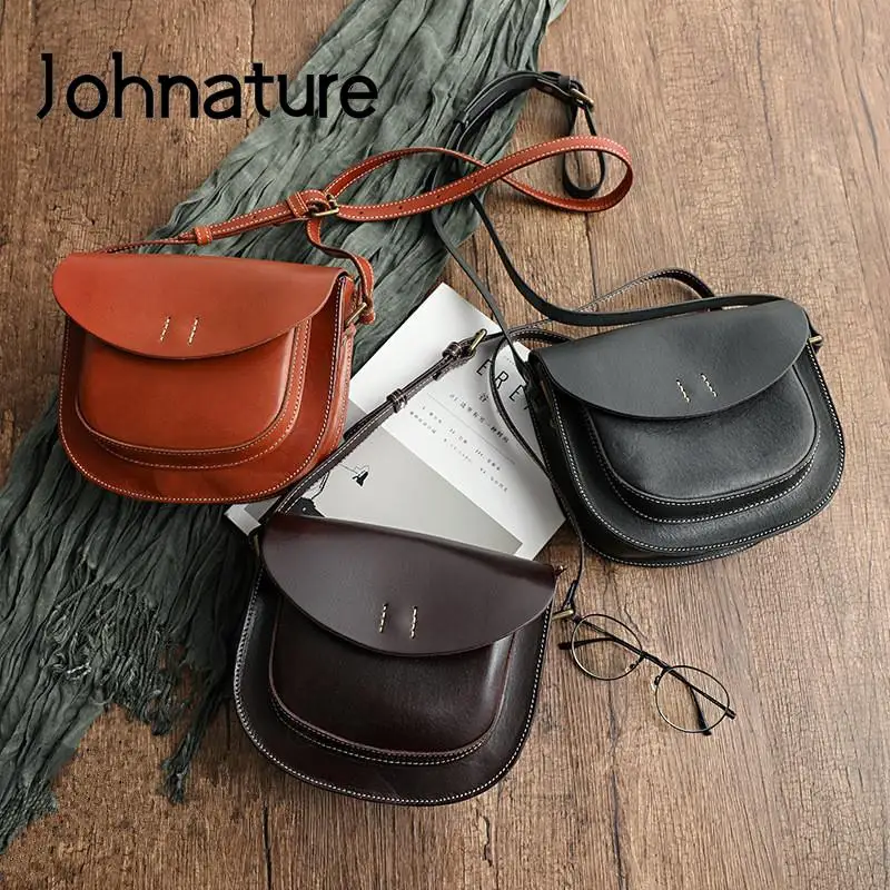 Johnature Simple Genuine Leather Women Bag 2024 New Handmade Vintage Shoulder Bags Solid Color Natural Cowhide Messenger Bag