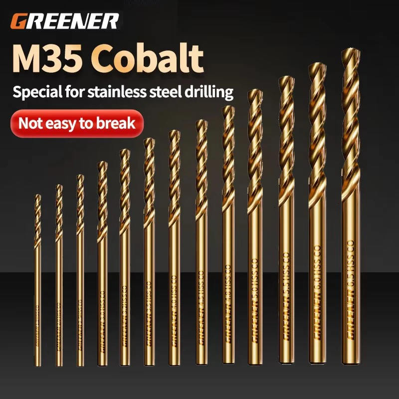 GREENERY M35 Cobalt Roasted Yellow Full Ground Round Shank Twist Drill for Stainless Steel Metal Iron Aluminum Alloy Wood
