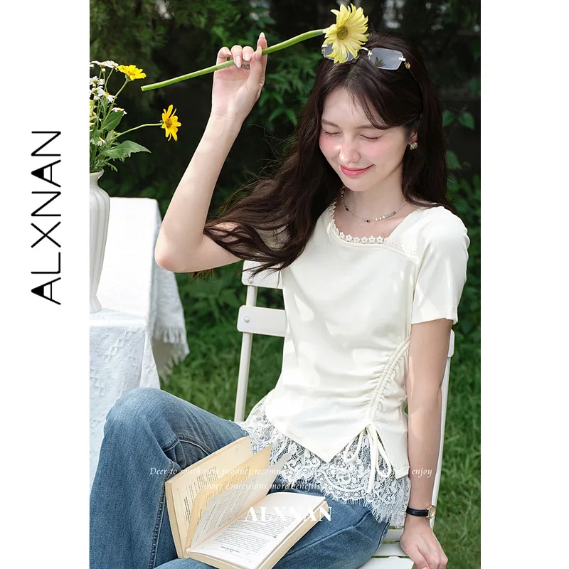 ALXNAN White Women's T-shirt Summer Short Sleeve Asymmetric Square Slant Neck Side Waist Ruched Design Ladies Clothing L67218