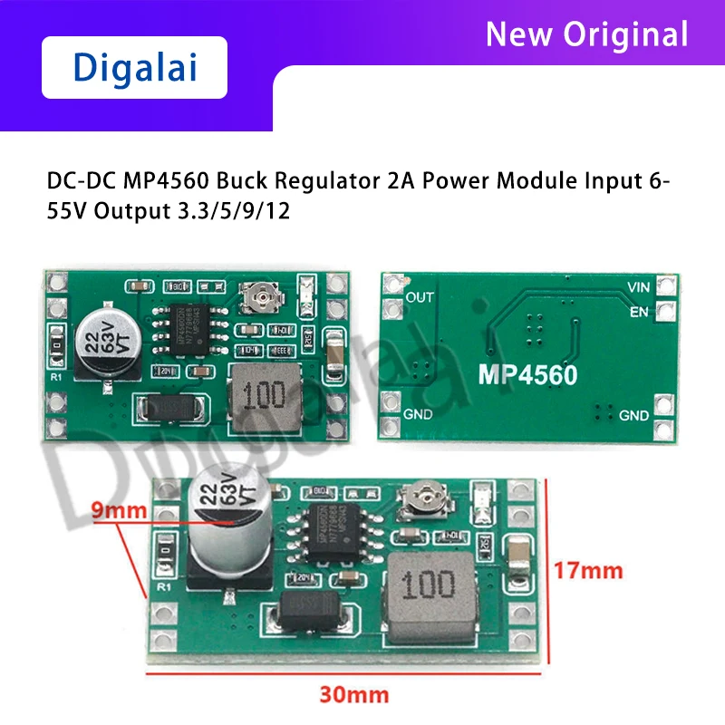 Digalai DC-DC MP4560 step-down and regulated 2A power module: Input 6-55V, Output 3.3/5/9/12V adjustable.