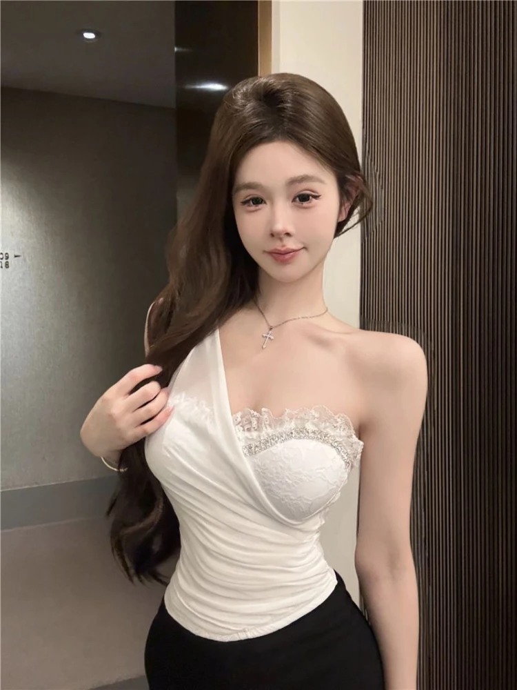 Elegant Crystal Embellished One Shoulder Top Women Mesh Insert Sleeveless Blouse Sexy Hollow Backless Trendy Summer Party Outfit