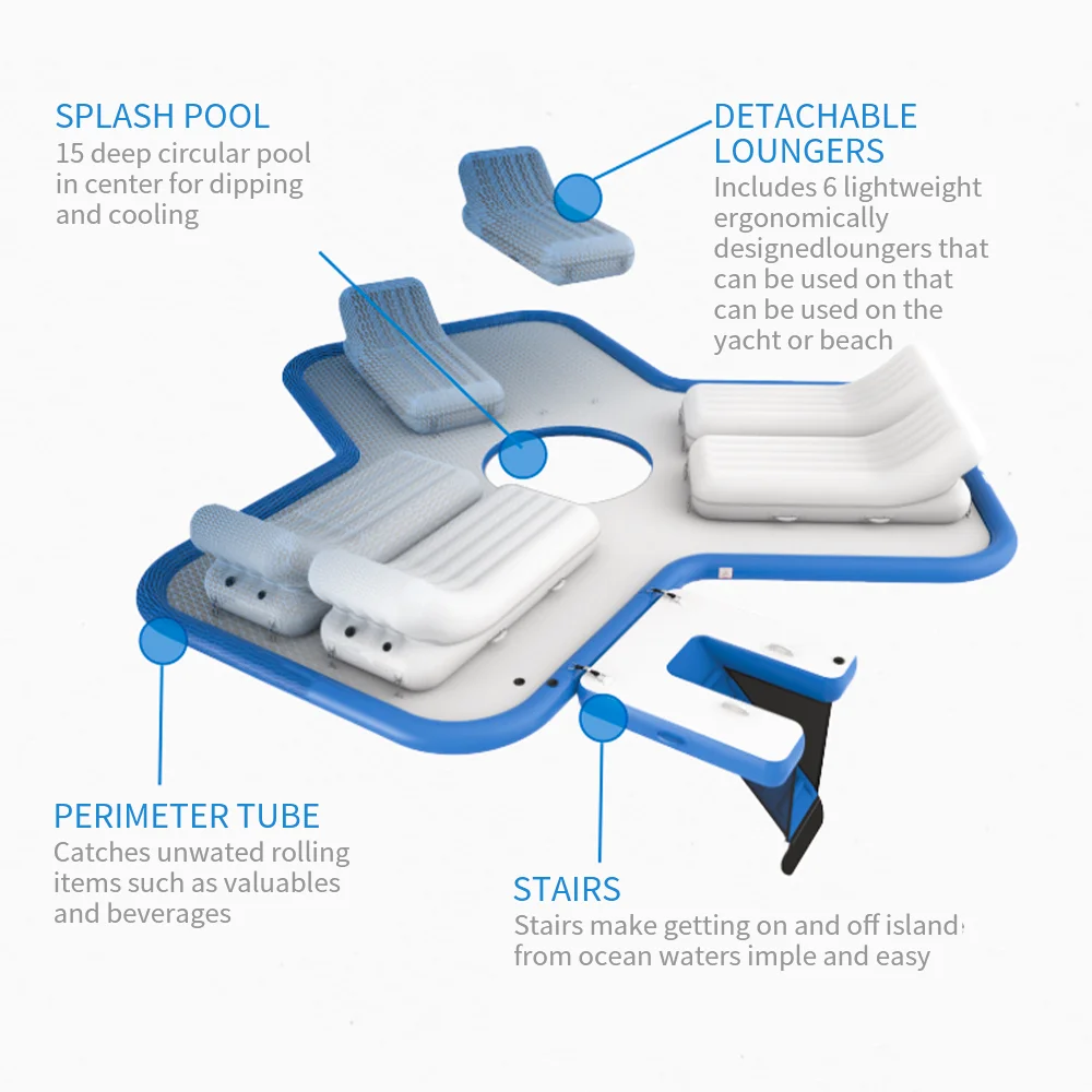 جزيرة عائمة قابلة للنفخ PVC مقاس 0.9 مم باللونين الأبيض والأزرق مع كراسي استلقاء