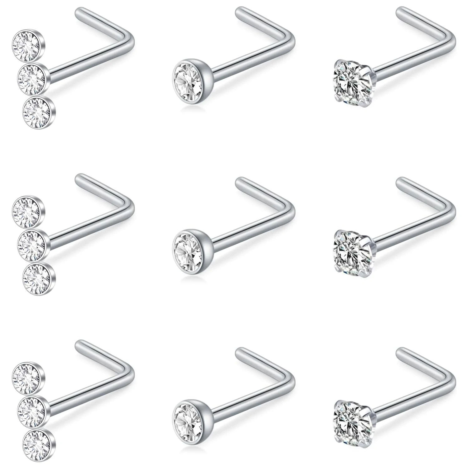 20G Nose Rings Studs 316L Stainless Steel L Shape Bone Diamond Heart Corkscrew Nose Ring Nostril Piercing Jewelry For Women Men