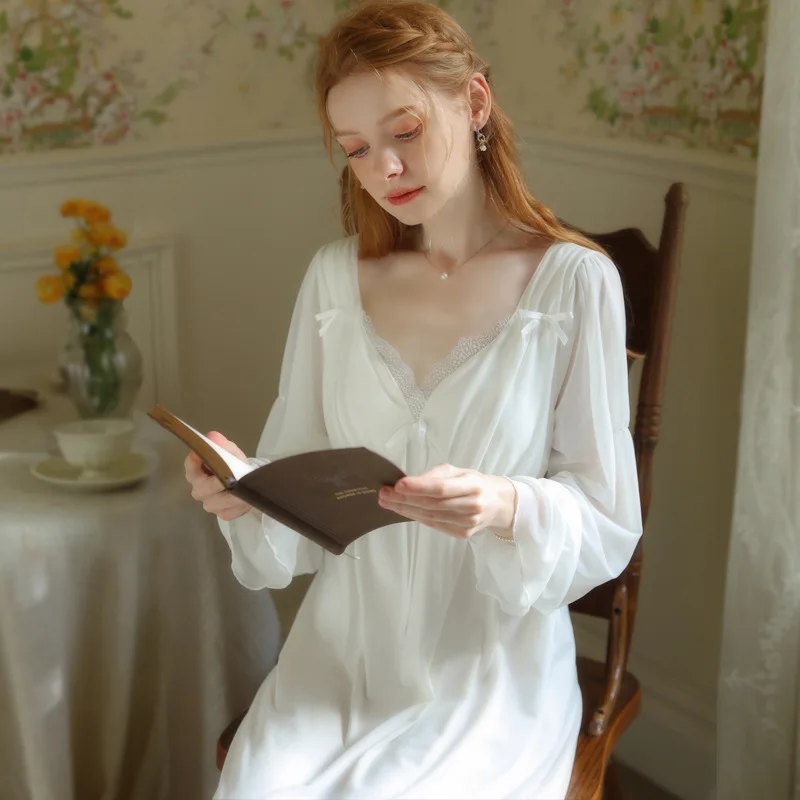 Women's Sexy Long Nightdress Sleepwear white Lace V-Neck Fashion Female Nightgown Nightwear Sleepshirts