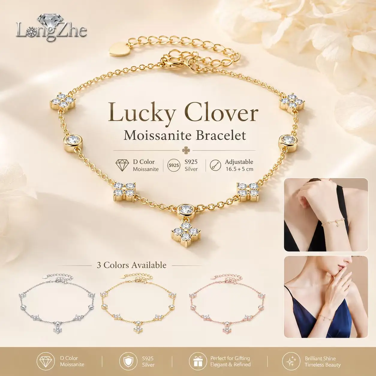 

GRA Certified Clover Moissanite Bracelet 925 Sterling Silver 4-Leaf Clover Bracelet for Women