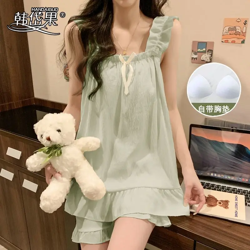 

2026 New Women Solid Vintage Loungewear Set Sleeveless Top With Built-in Bra & Shorts Pajamas for Spring Summer