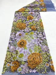 Blue Mesh with Yellow Flowers Sequins Lace Fabric 2023 High Quality Lace African Lace Fabric Lace to the Meter for Sewing