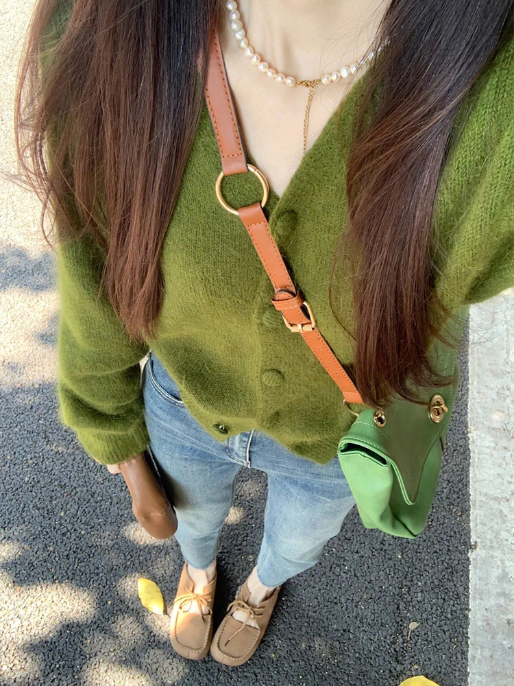 Autumn Fashion V-neck Knitted Cardigan Women Green Long Sleeve Single Breasted Sweaters Casual Lazy Style Retro Tops