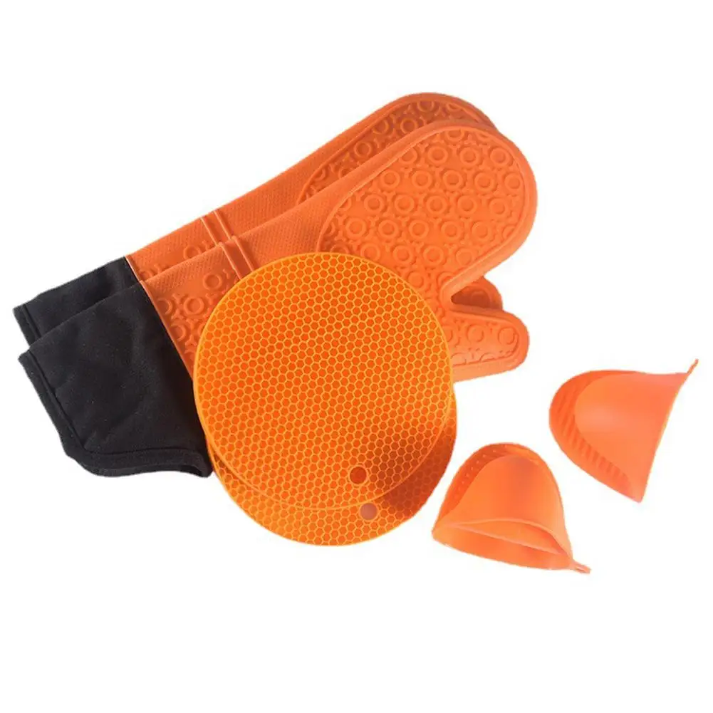 

6pcs Kitchen Silicone Oven Mittens Set Heat Resistant Anti-scalding Mini Oven Gloves With Hot Pads Pot Holders