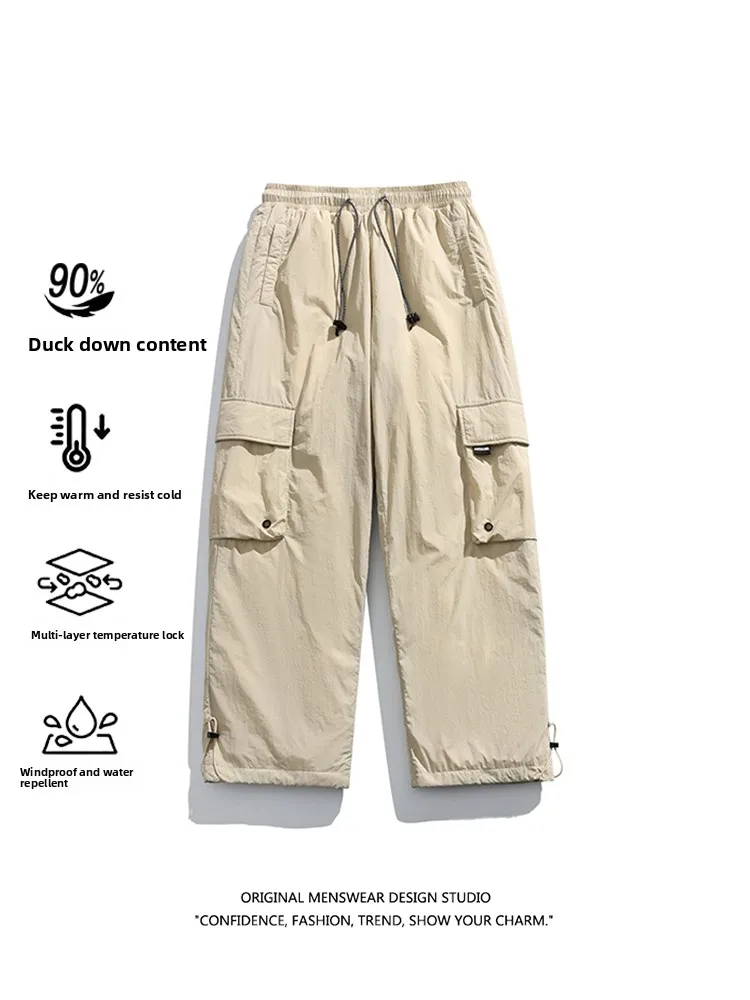 

Men's Winter Thiened Warm down Pants Loose Fit Skiing Workwear Trousers Dstring Casual Straight Leg Nylon Fiber