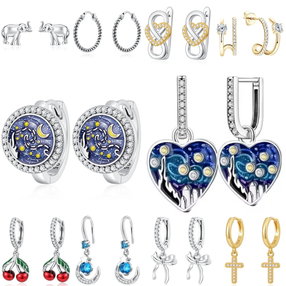2026 New 925 Silver Bow, Cherry, Cross, Dog Claw Bone Earrings, Suitable For Women's Festival Exquisite Charm Jewelry Gifts ﻿