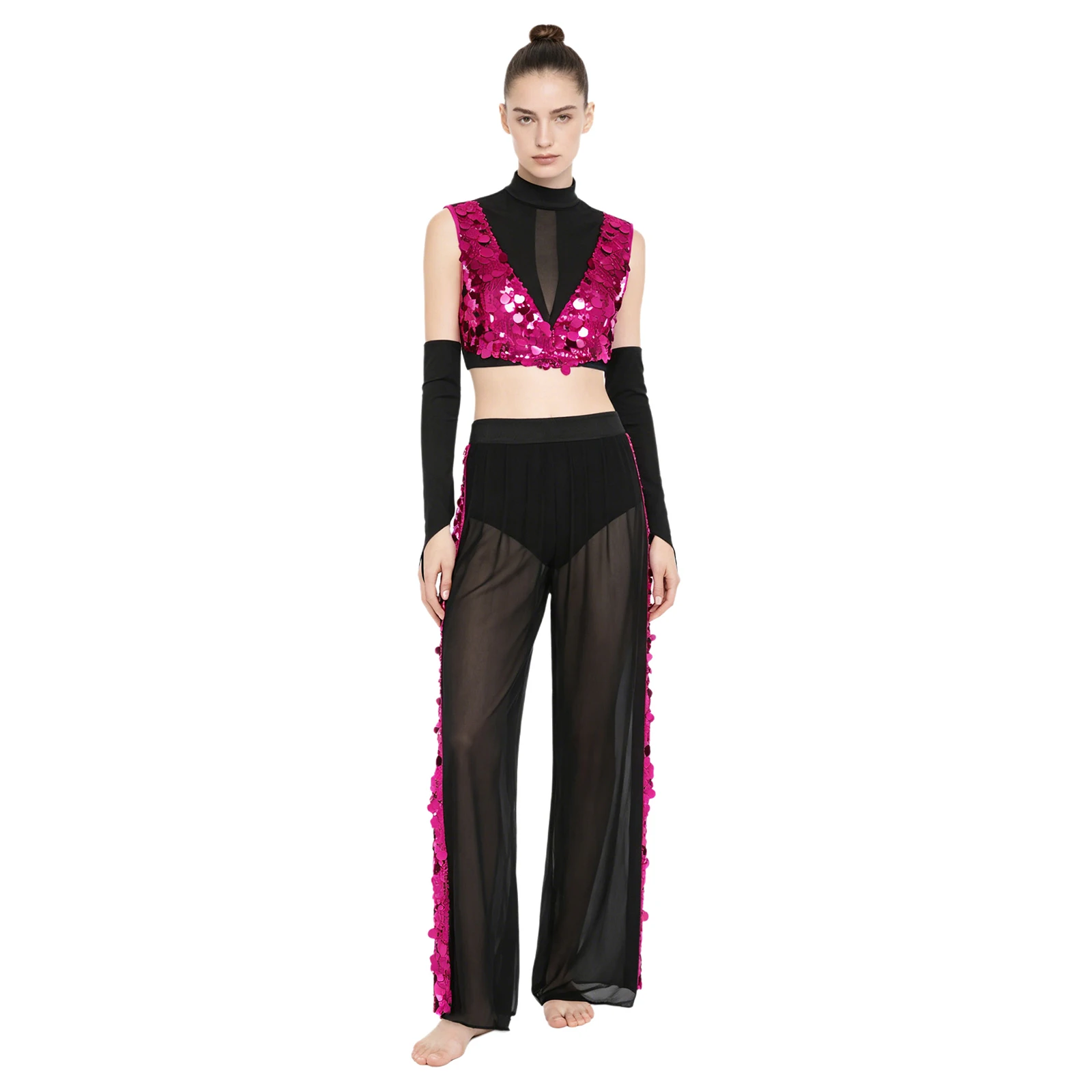 

Women Shiny Sequin Modern Lyrical Dance Outfit Crop Top with Pants Built-in Briefs Gloves Skating Gymnastics Ballet Dancewear