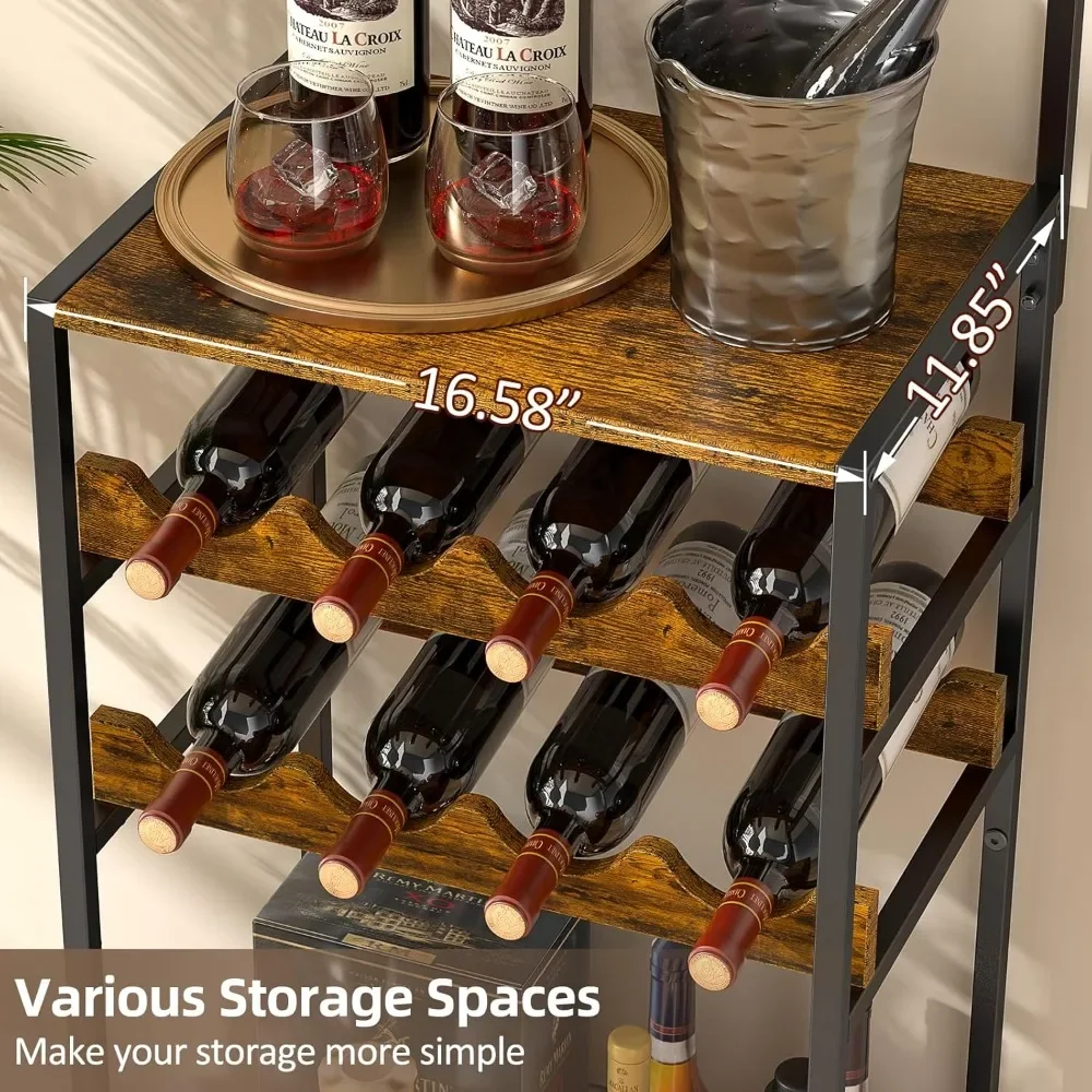 Armoire à vin autoportante T1 à 5 niveaux avec porte-verres et crochets en S, mini bar d'angle parfait pour les petits espaces