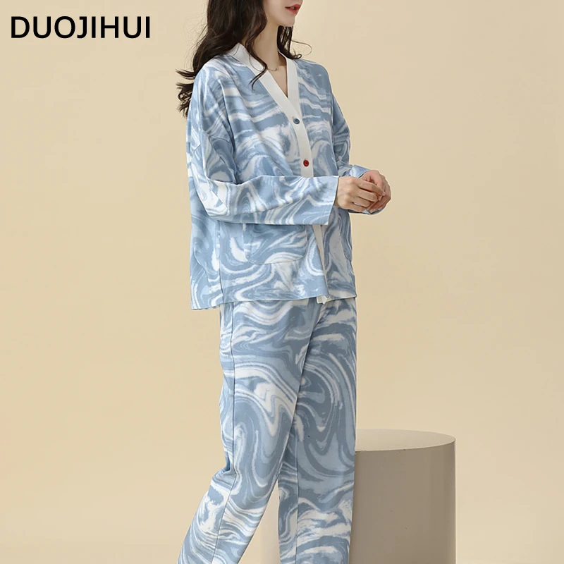 DUOJIHUI Chic Button Cardigan Loose Pant Casual Pajamas for Women Autumn Korean Contrast Color Fashion Simple Female Pajamas Set