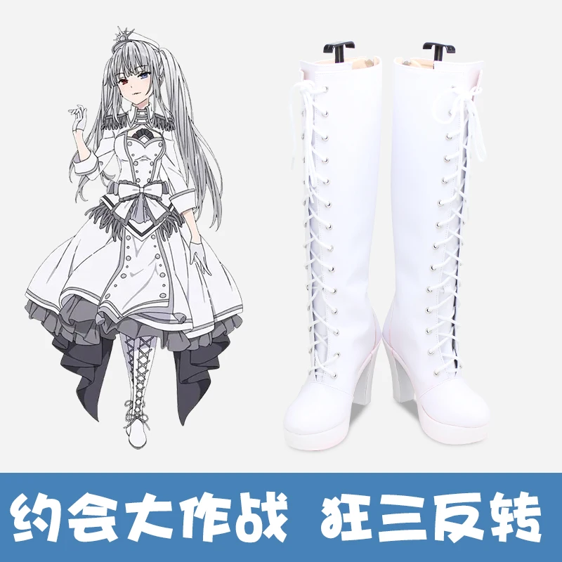 DATE A LIVE Tokisaki Kurumi Nightmare Cosplay Shoes Boots Anime Halloween  White PU Leather Shoes Custom made