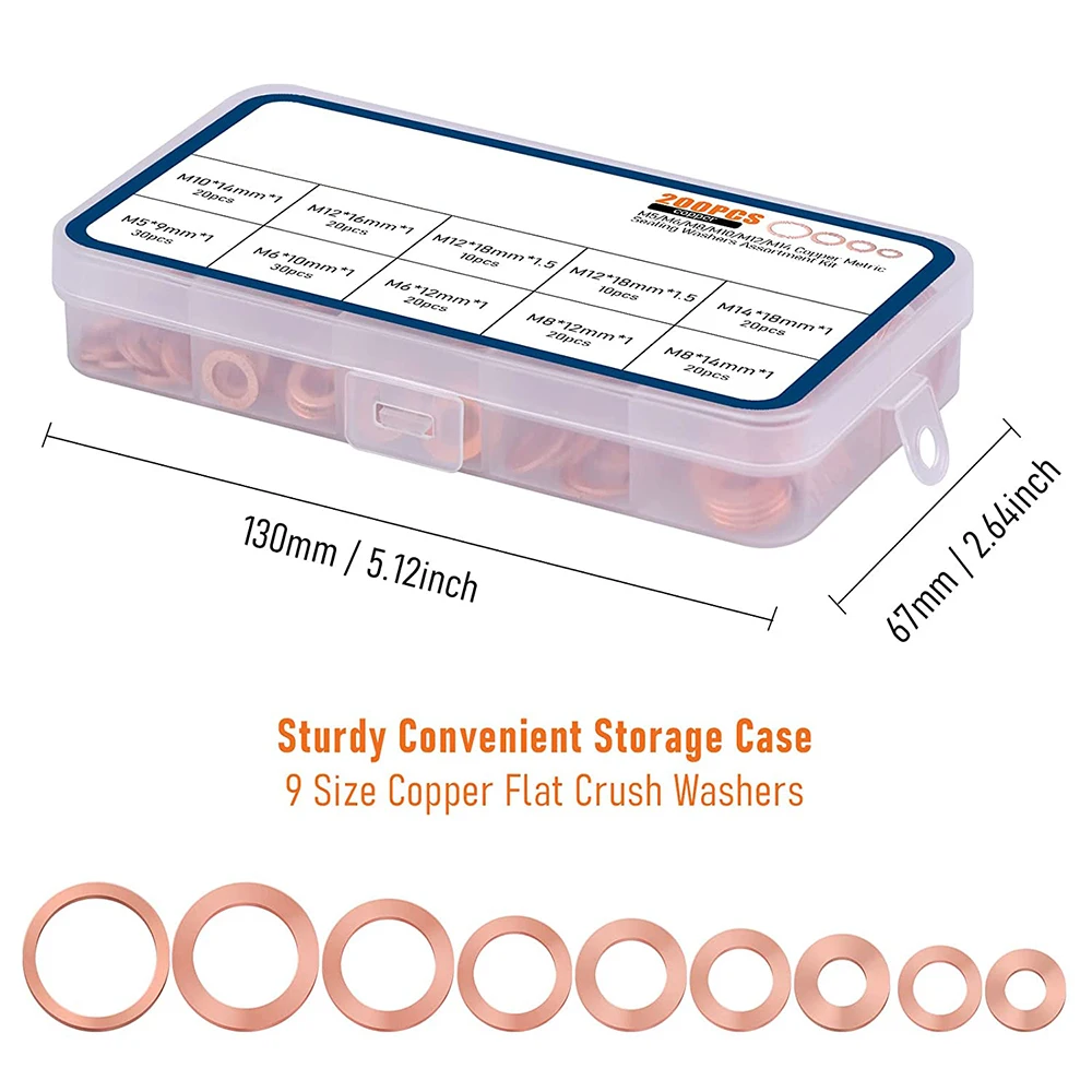 Kit combiné de rondelle métrique en cuivre extrudé, rondelle d'étanchéité plate, M5, M6, M8, M10, M12, M14, 9 tailles, 200 pièces