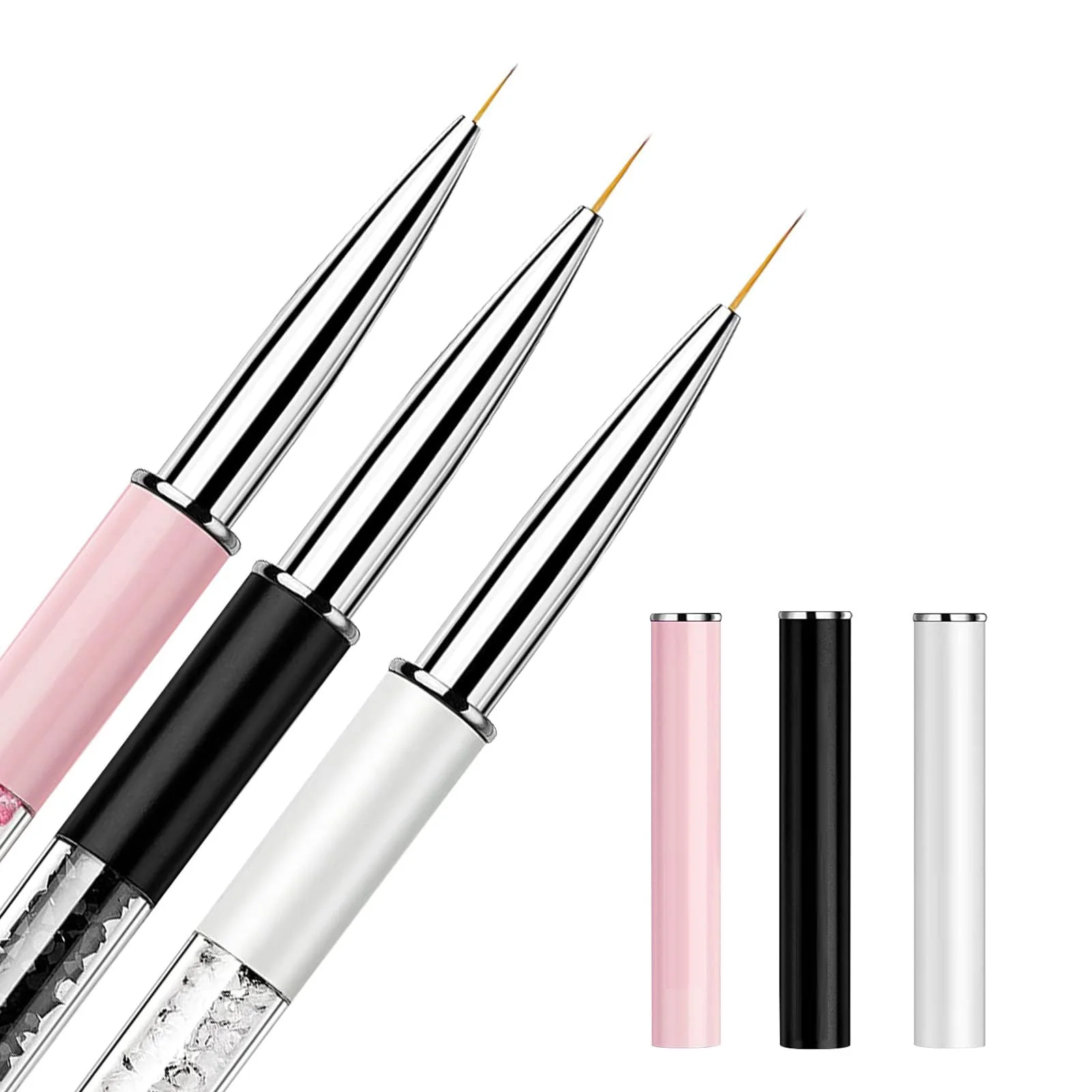 

Nail Art Brushes 7/9/11mm Liner Brush with Shiny Diamond Handle & Caps, Gel Nail Painting Brush Nail Drawing Brushes