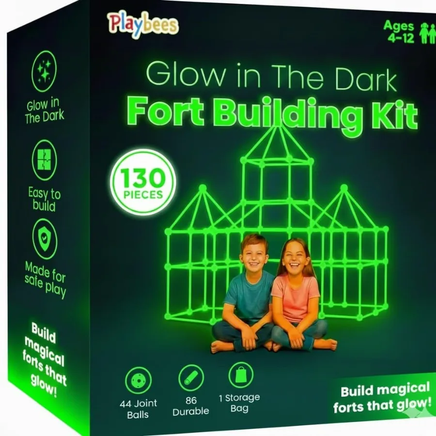 

Набор для строительства укреплений Playbees Glow in The Dark, 130 деталей, STEM-игрушка для детей 4-12 лет, для постройки палаток, замков, ракет, креативный конструктор, цвет серый