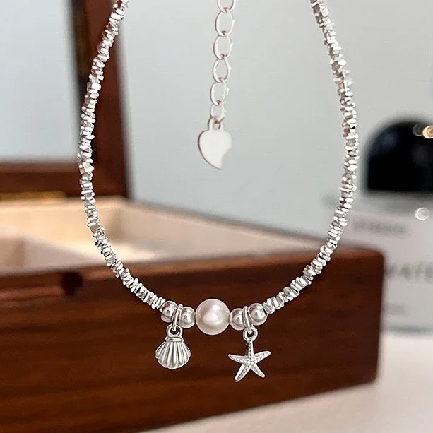 

Real 925 Sterling Silver Pearl Shell Starfish Bead Charm Bracelet for Women Cute Fine Jewelry Minimalist Accessory in Summer