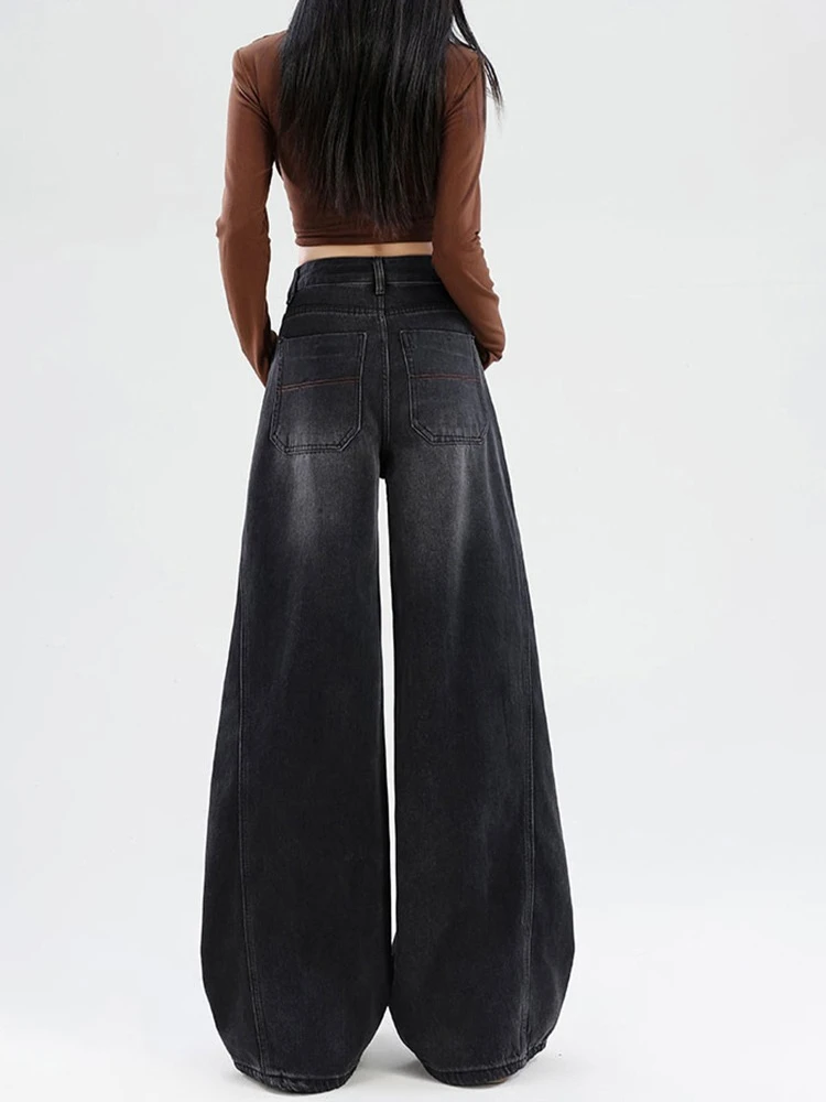 Black low waisted curved knife wide leg jeans women in autumn and winter 2025 thick loose fit spicy girl street pants