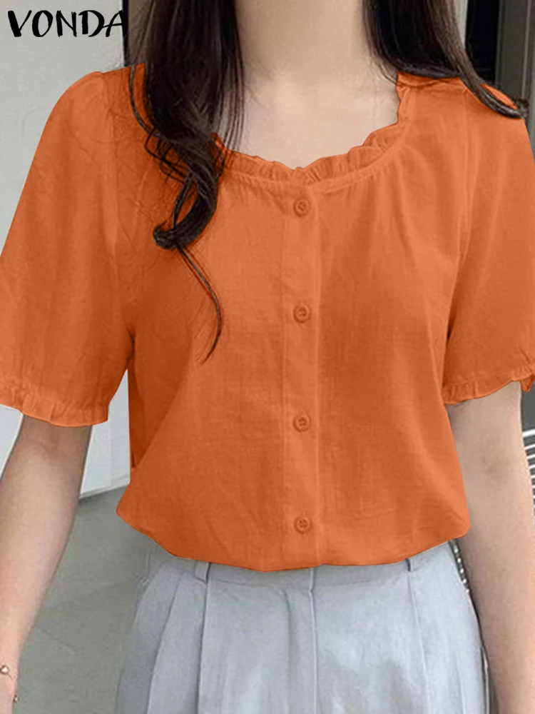 VONDA Elegant Summer Ruffled Blouse 2024 Women Solid Color Fashion Shirts Casual Loose Short Sleeve Tops Party Blusas Femininas