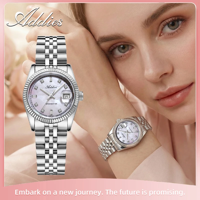 Jam Tangan Wanita Addies Jam Tangan Kuarsa Gerakan Swiss 585 Kaca Safir 50M Tahan Air 316L Jam Tangan Dial Mutiara Baja Tahan Karat Wanita