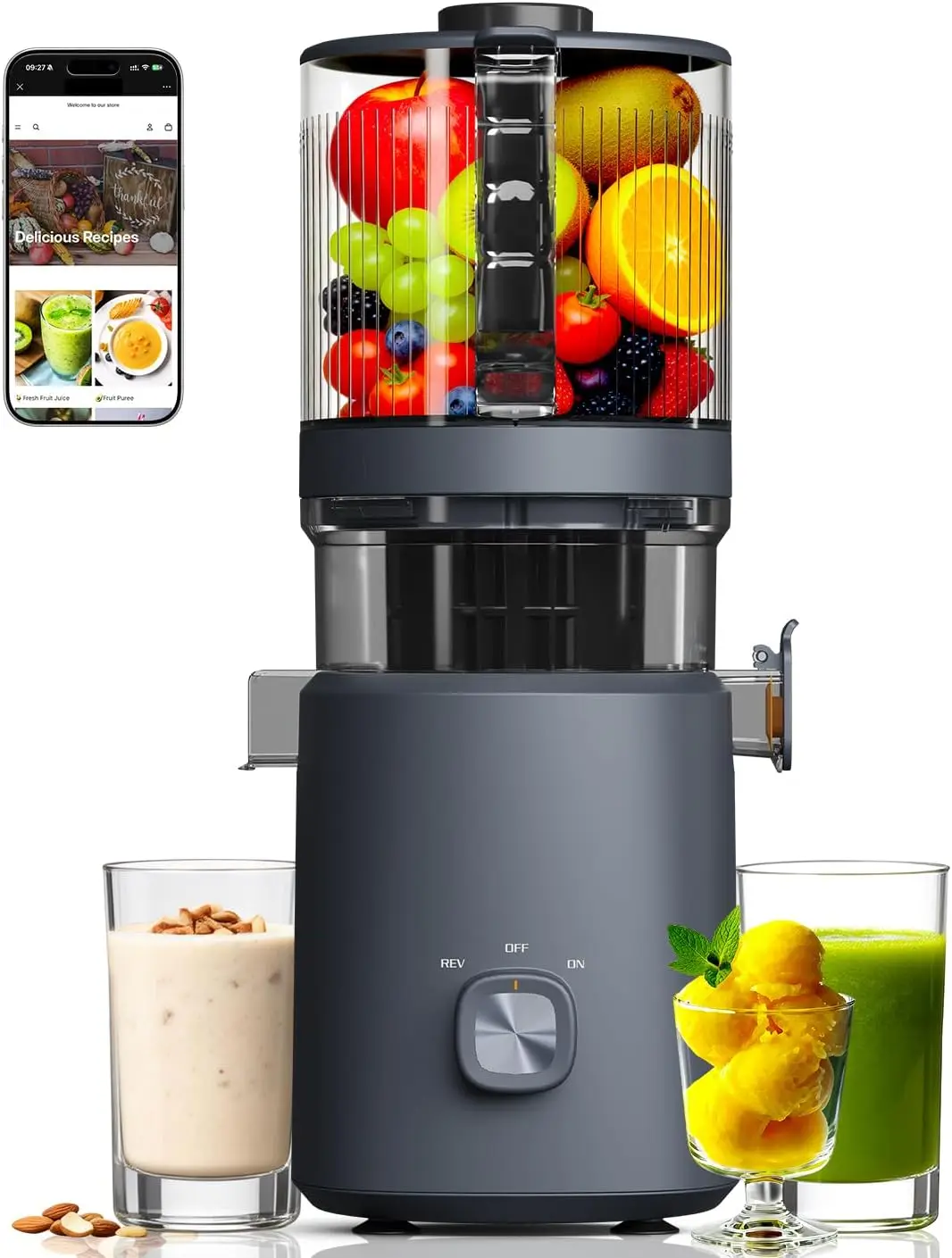 Cold Press Juicer Machine with 6.5-Inch Wide Feed Chute, No-Mesh, Easy-Clean Design