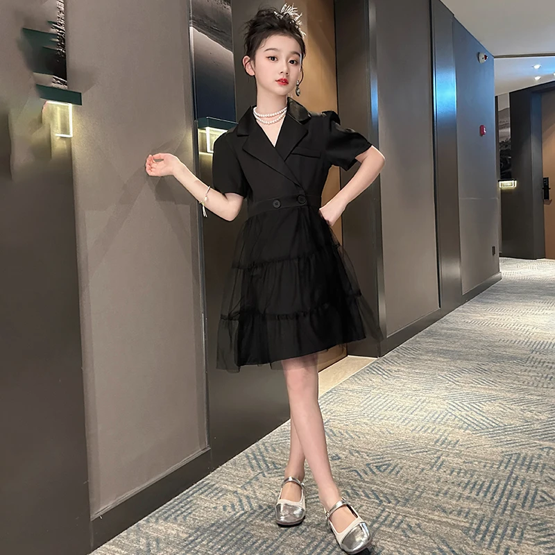 110-180 frock for teenage girls Suit mesh dress 4 6 8 10 12 14 16 17 18 20 black junior princesas elegant knee length dresses