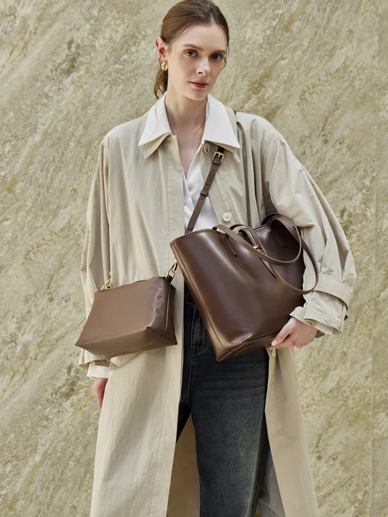 HIFASHION طقم حقائب يد نسائية من جلد البقر الأصلي مكون من قطعتين، حقائب كتف وكروس بودي كبيرة السعة بتصميم ريترو للعمل والتسوق