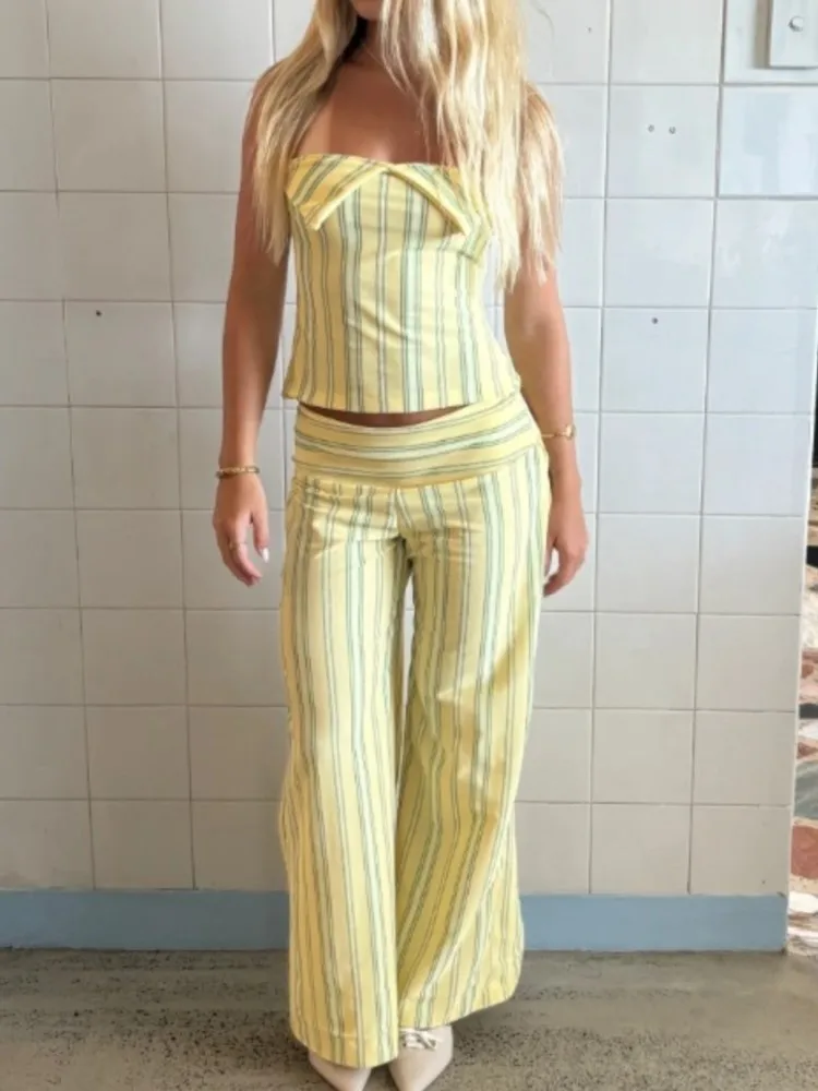 

Summer Woman New Leisure Fashionable Striped Sleeveless Women's Outfit Elegant Sling Top Two-Piece Set Simple Commute Style Sets