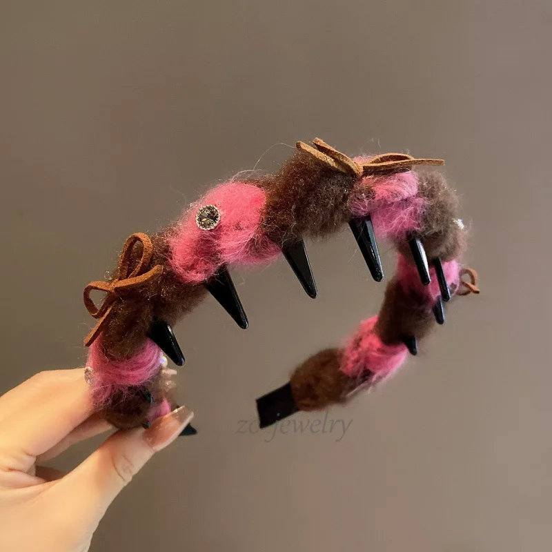 

Autumn Winter Plush Tie-Dye Color-Block Bowknot Shiny Rhinestone Headband for Women Fashionable Light Luxury Outdoor High Crown