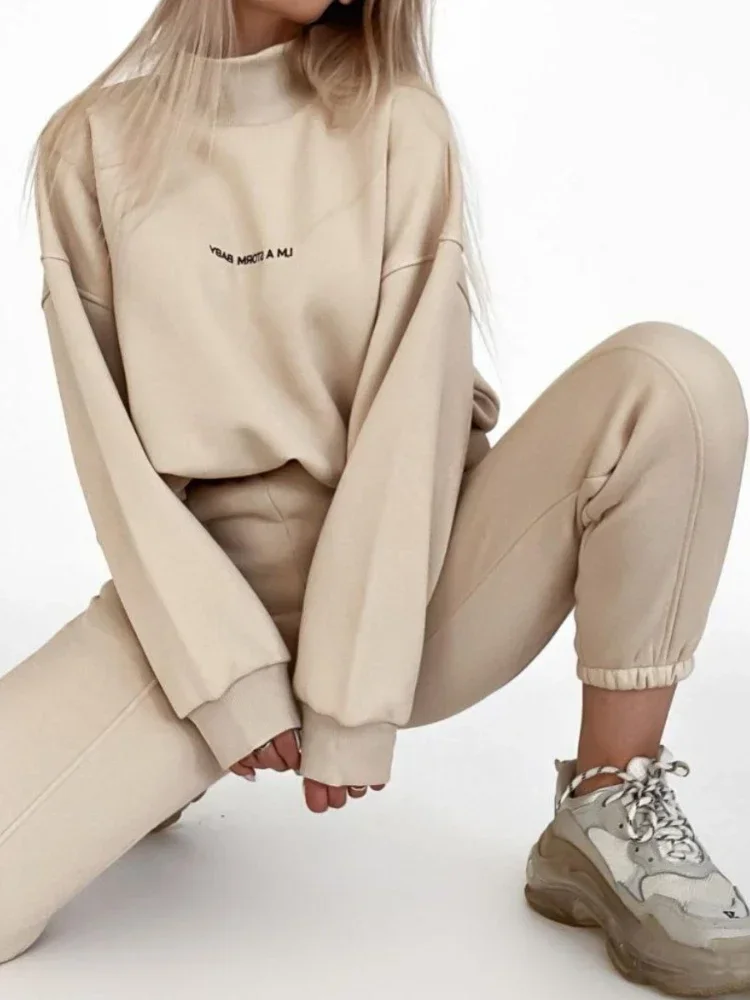 Sweatshirt Suit Women Winter Turtleneck Tops High Waist Ankle Length Sport Pants 2 Piece Sets Letter Fleece Tracksuit for Women