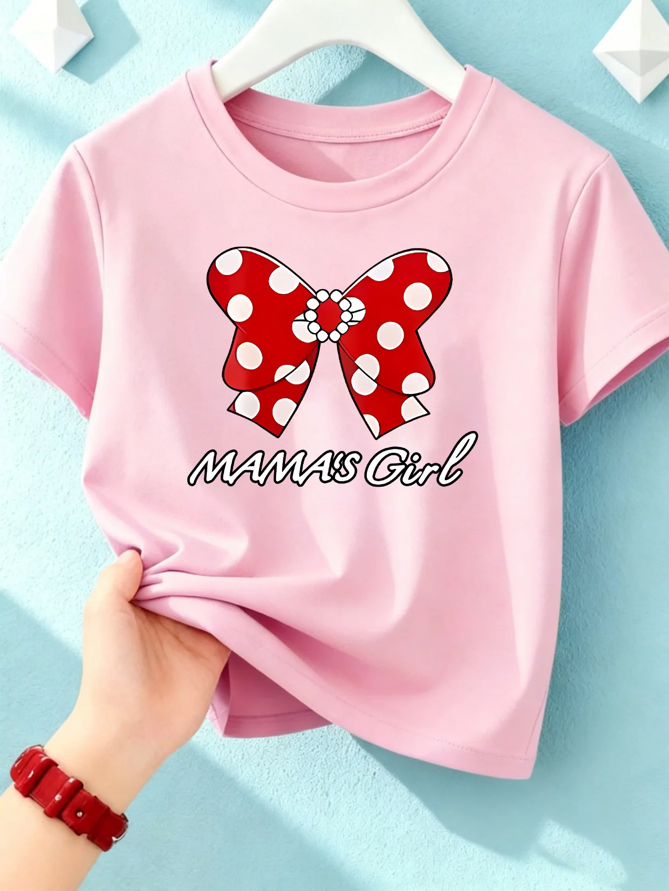 Red Polka Dot Bow Mamas Girl Sweet Letter Kids T Shirt Girls Short Sleeve Crew Neck Cotton Parent Matching Casual  Toddler Youth