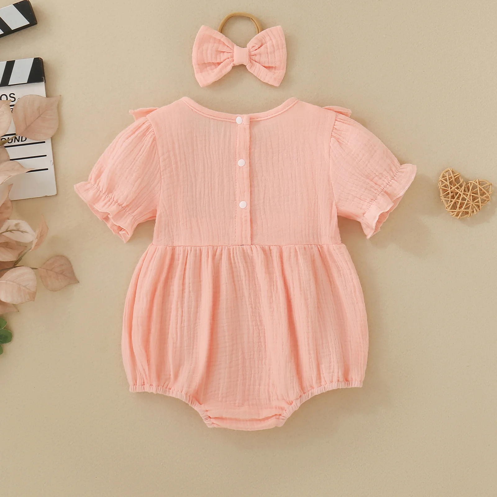 Summer female infant pink short-sleeved solid color Romper and headgear two-piece set sweet and cute
