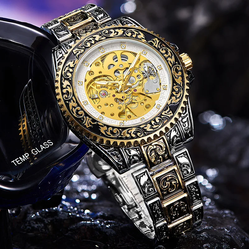 Gold Skeleton Mechanical Watch Men Automatic Vintage Royal Fashion Engraved Auto Wrist Watches Top Brand Luxury Crystal