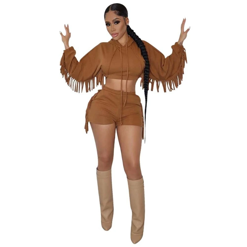 Shorts Pant Set Women Two Piece Sets Hooded Matching Sets Tassel Casual Tops Short Pants Lace Up Elastic Waist Summer 2025