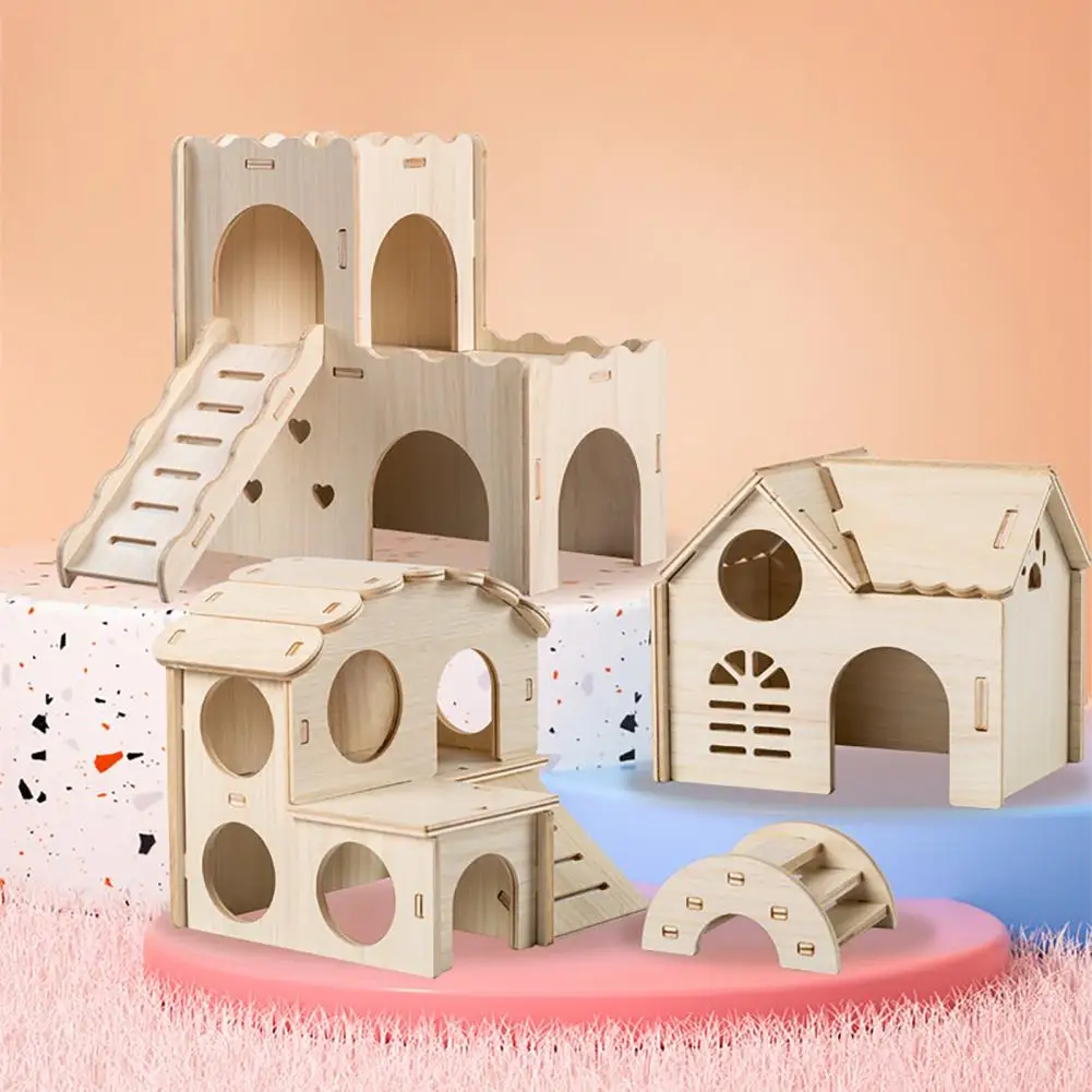 Hamster Wooden House Swing Sleeping Nest Multi-Holes Breathable Simple Installation Double Layer Fun Hamster Toys