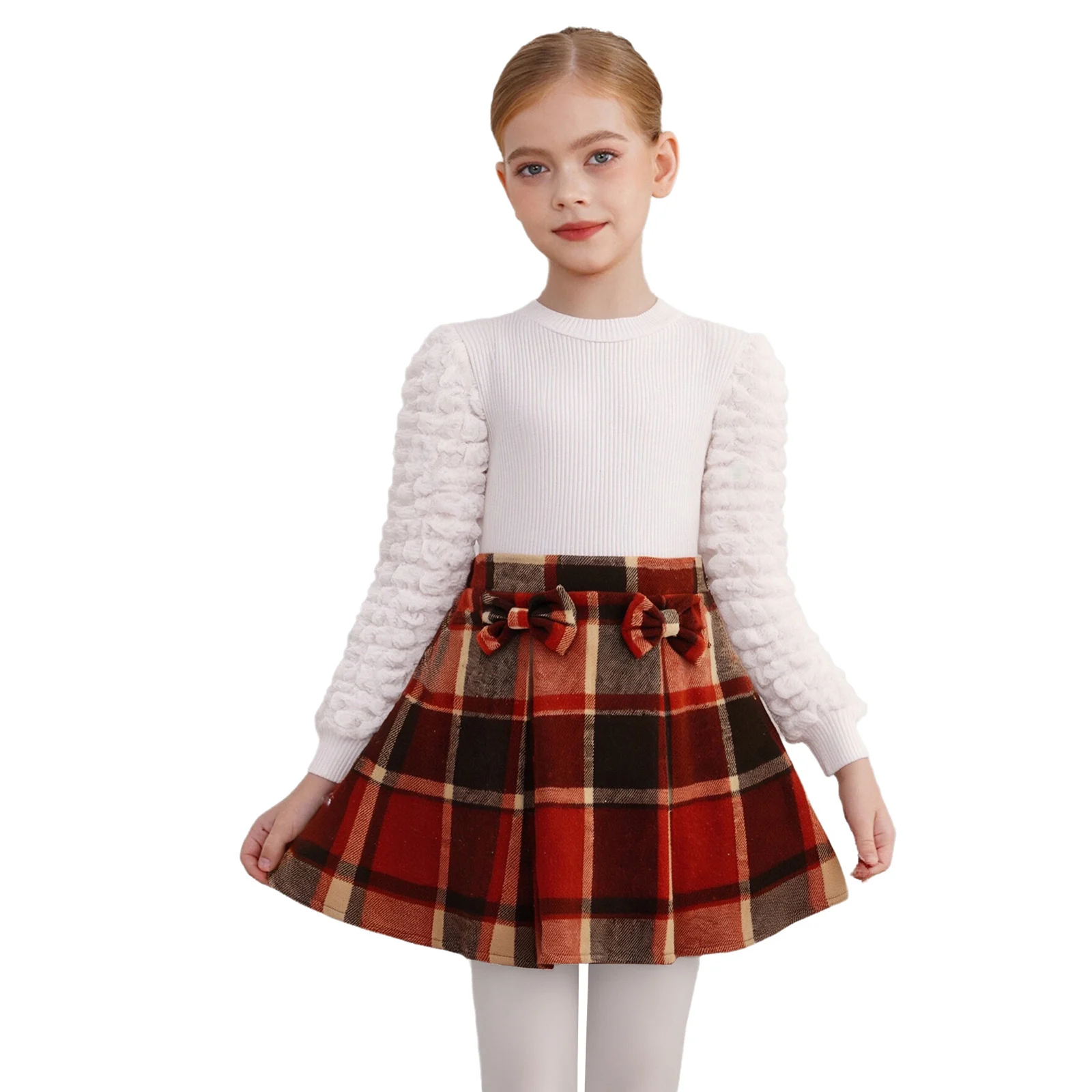 

Kids Girls 2-Piece Casual Outfit Spring Long Puff Sleeves Ribbed Top+Bowknot Plaid Skirt for Birthday Party Flower Girls Dress