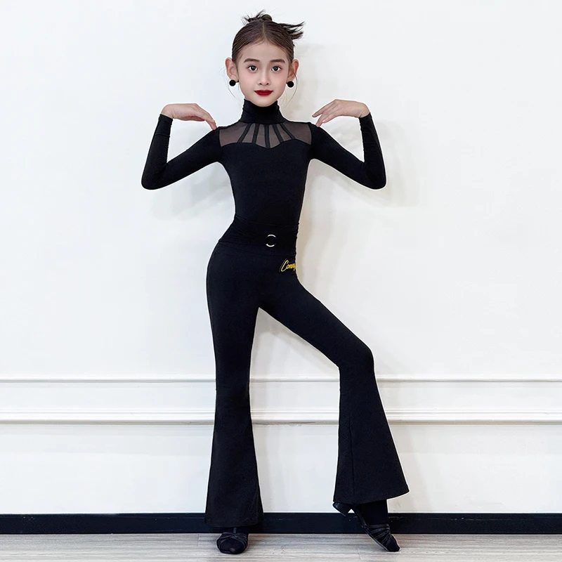 Children Latin Dance Suit Black Training Dance Pants Set Long Sleeve Bodysuit Flared Pants Girls Latin Practice Dancewear 2449