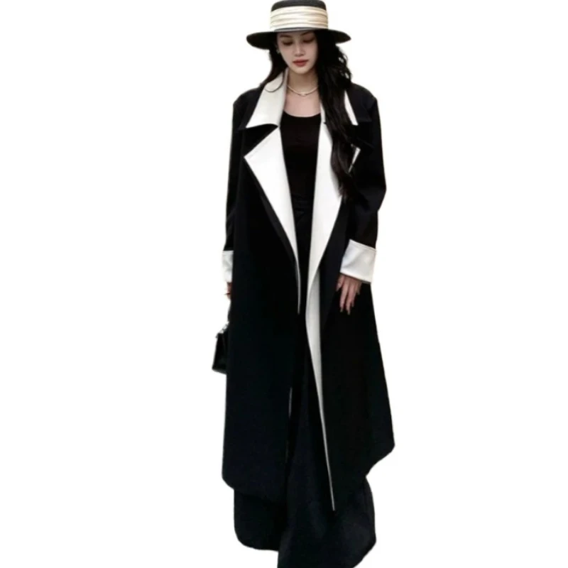 

Large Size Korean Contrasting Color Half-open Collar Fake Two-piece Design Trench Coat Women's Clothing Autumn New Long Coat