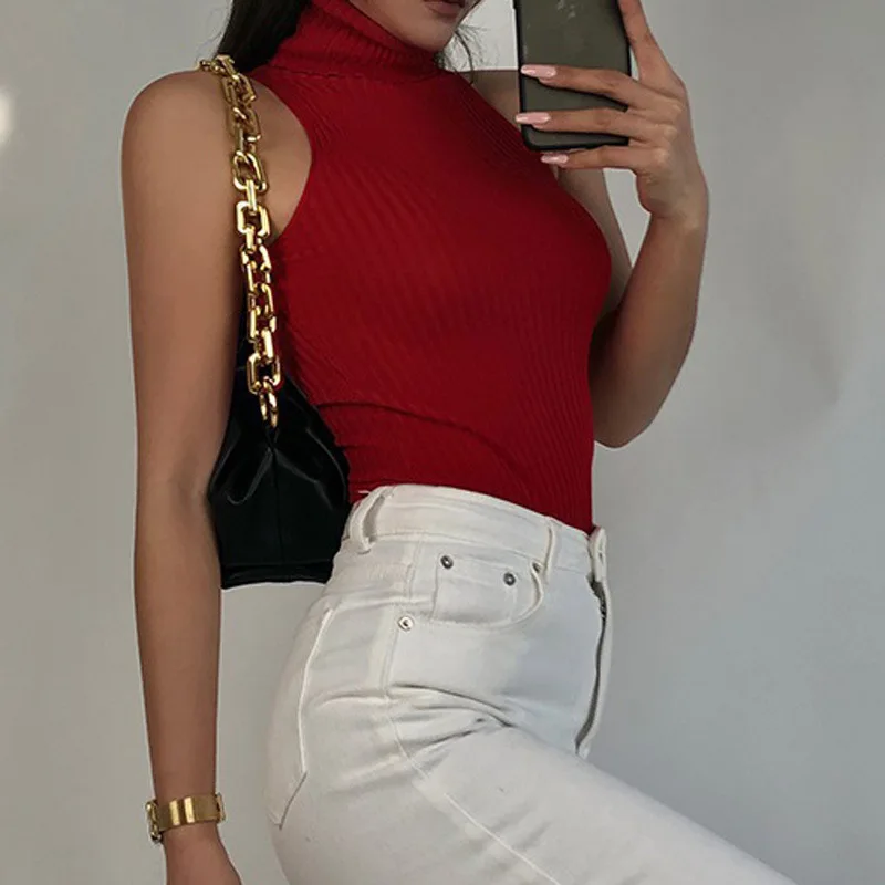 Women Off Shoulder Tops Turtleneck Tank Tops Knitted Hot Tops Women 2026 Summer Skinny Round Neck Solid Cute Cropped